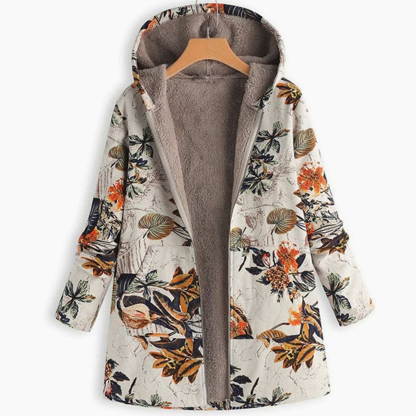 Women's Fleece-Lined Hooded Floral Coat Long-Sleeve Zip-Up - Beige