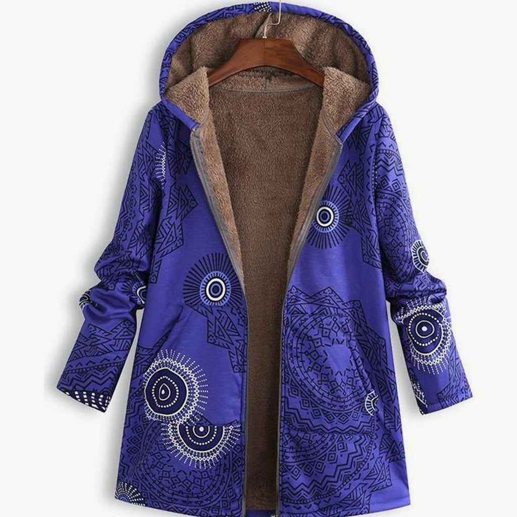 Women's Fleece-Lined Hooded Floral Coat Long-Sleeve Zip-Up - Purple