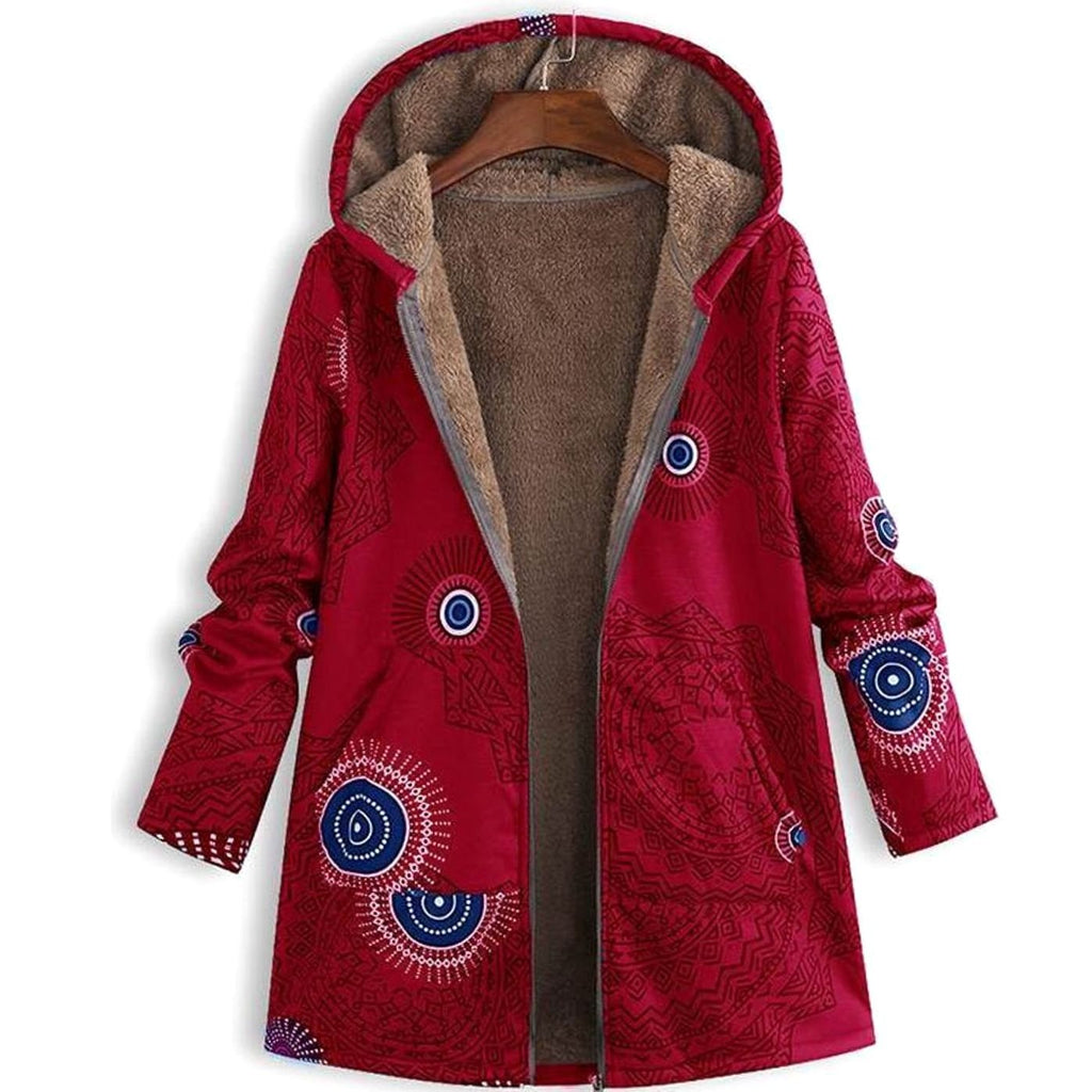 Women's Fleece-Lined Hooded Floral Coat Long-Sleeve Zip-Up - Red
