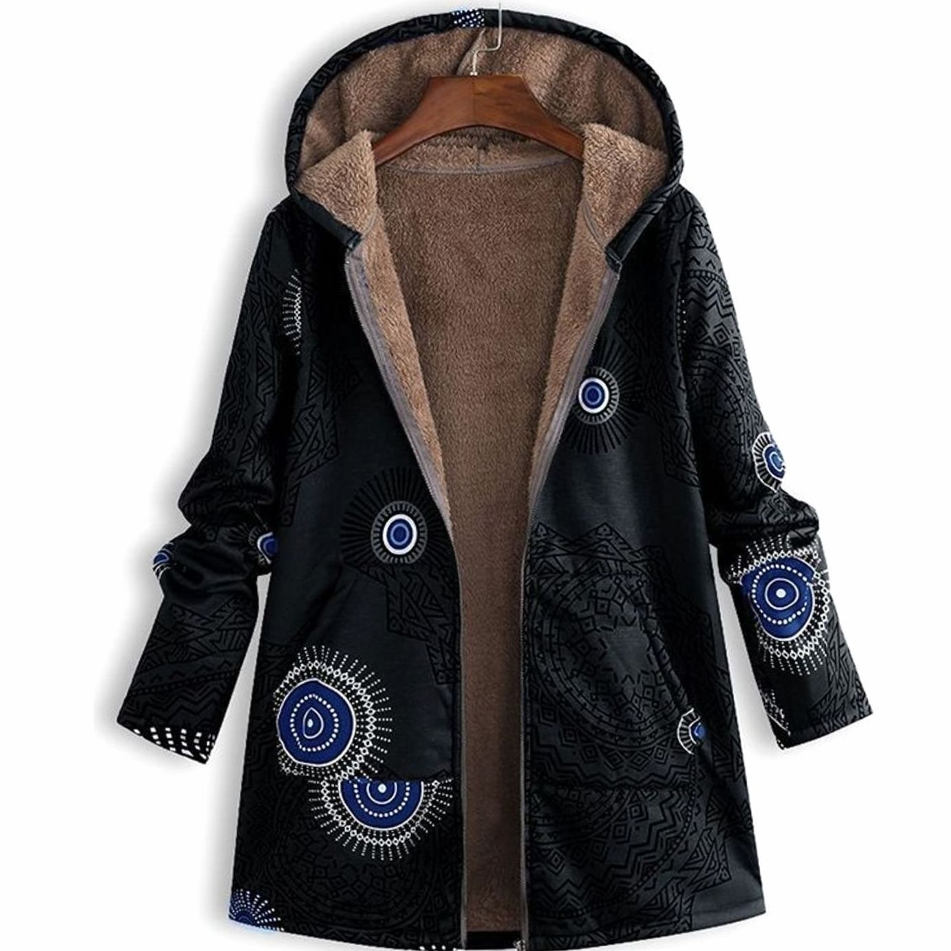 Women's Fleece-Lined Hooded Floral Coat Long-Sleeve Zip-Up - Black