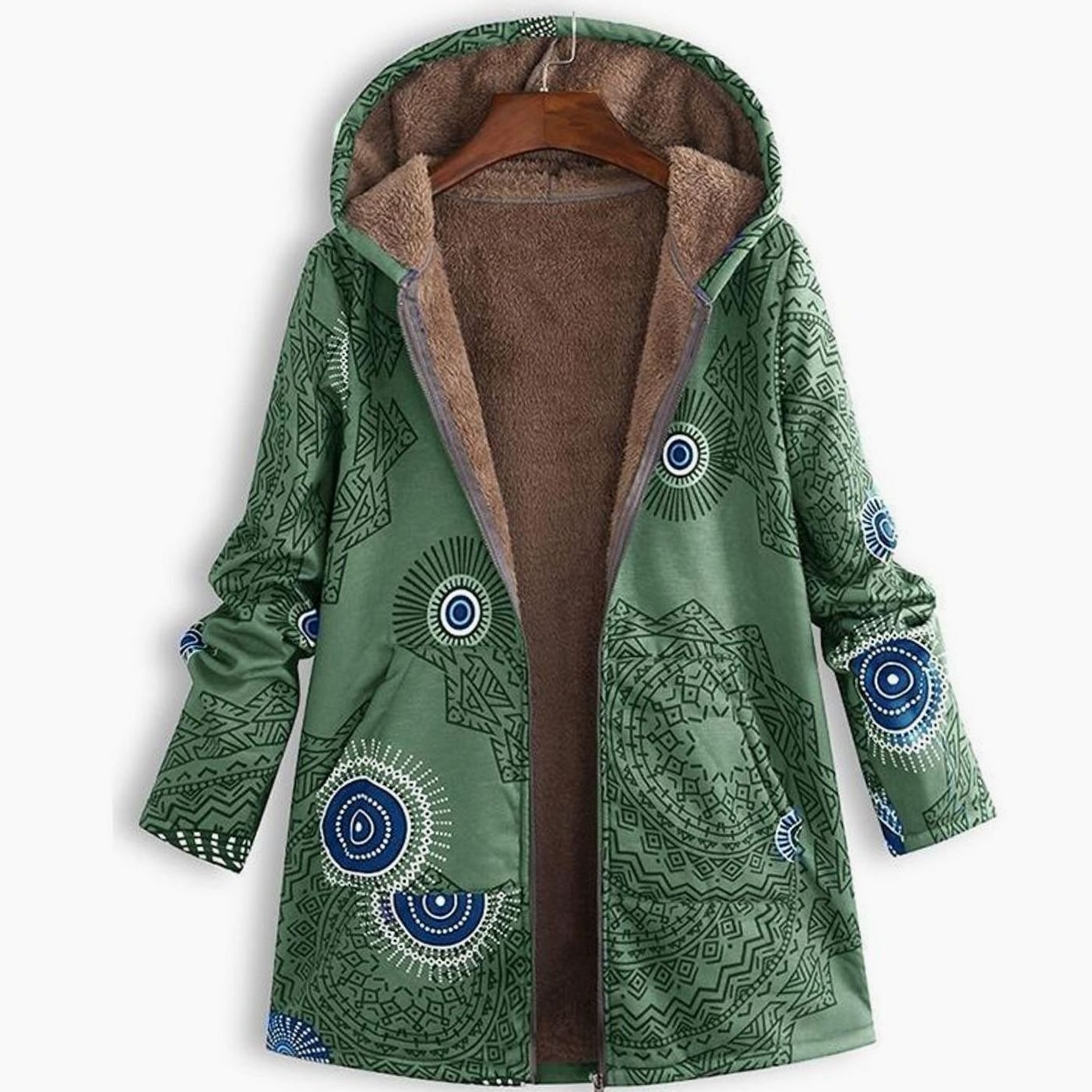 Women's Fleece-Lined Hooded Floral Coat Long-Sleeve Zip-Up - Green
