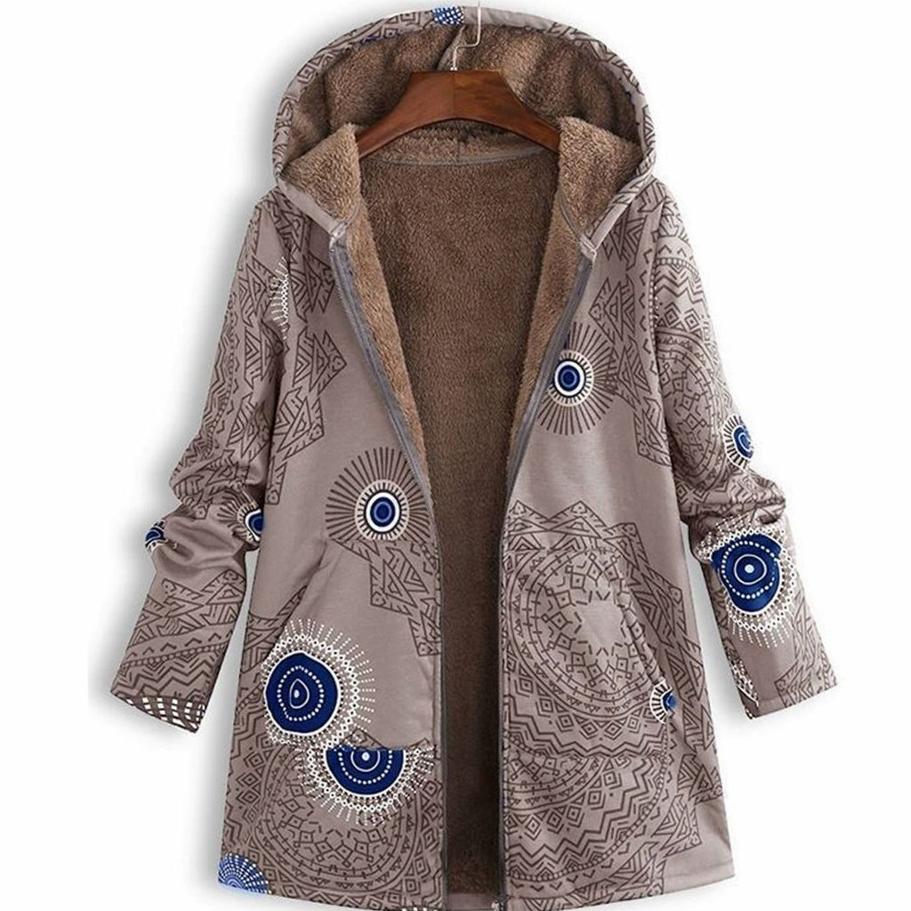 Women's Fleece-Lined Hooded Floral Coat Long-Sleeve Zip-Up - Grey