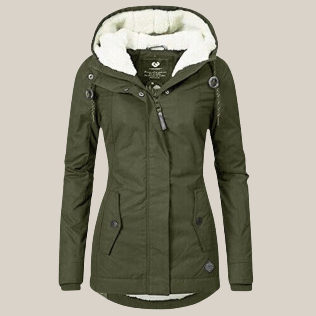 Women's Fleece-Lined Hooded Quilted Jacket Windproof Winter Parka - Green