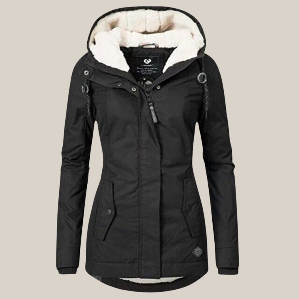 Women's Fleece-Lined Hooded Quilted Jacket Windproof Winter Parka - Black