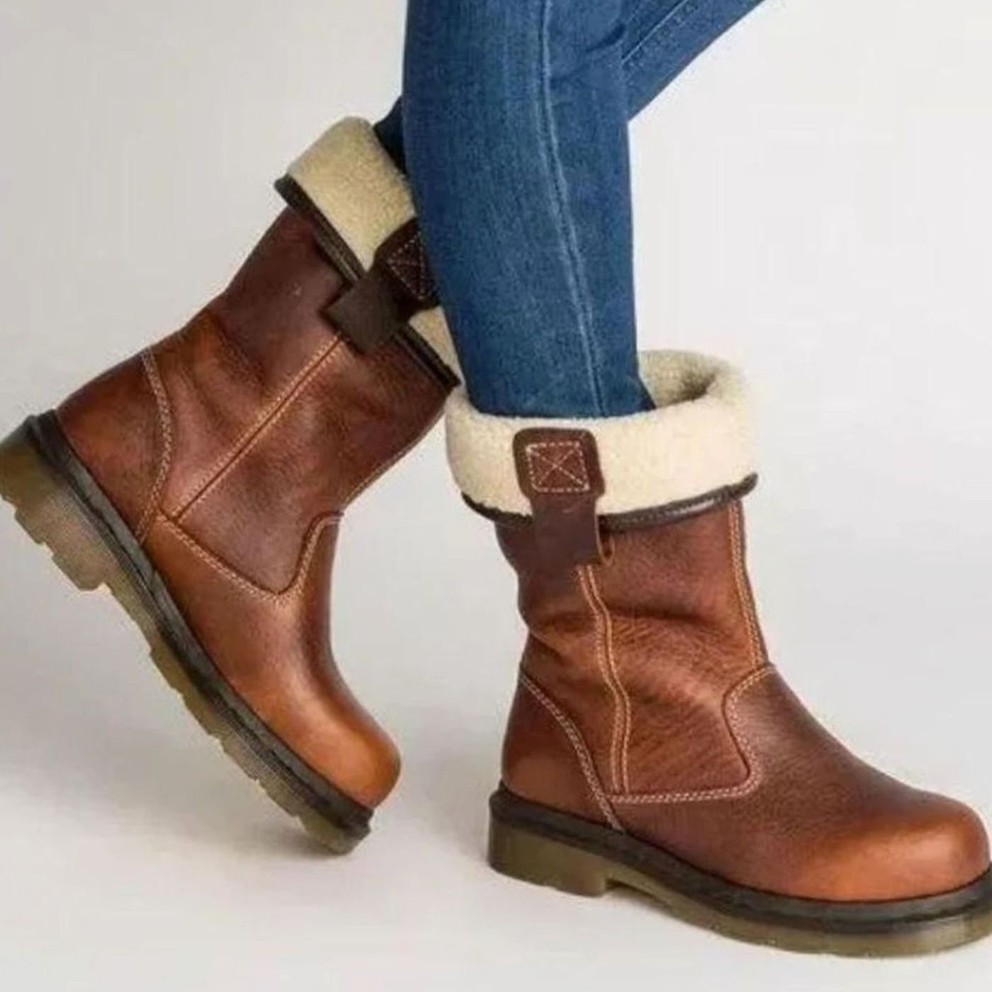 Women's Fleece-Lined Leather Winter Boots Slip-On Mid-Calf