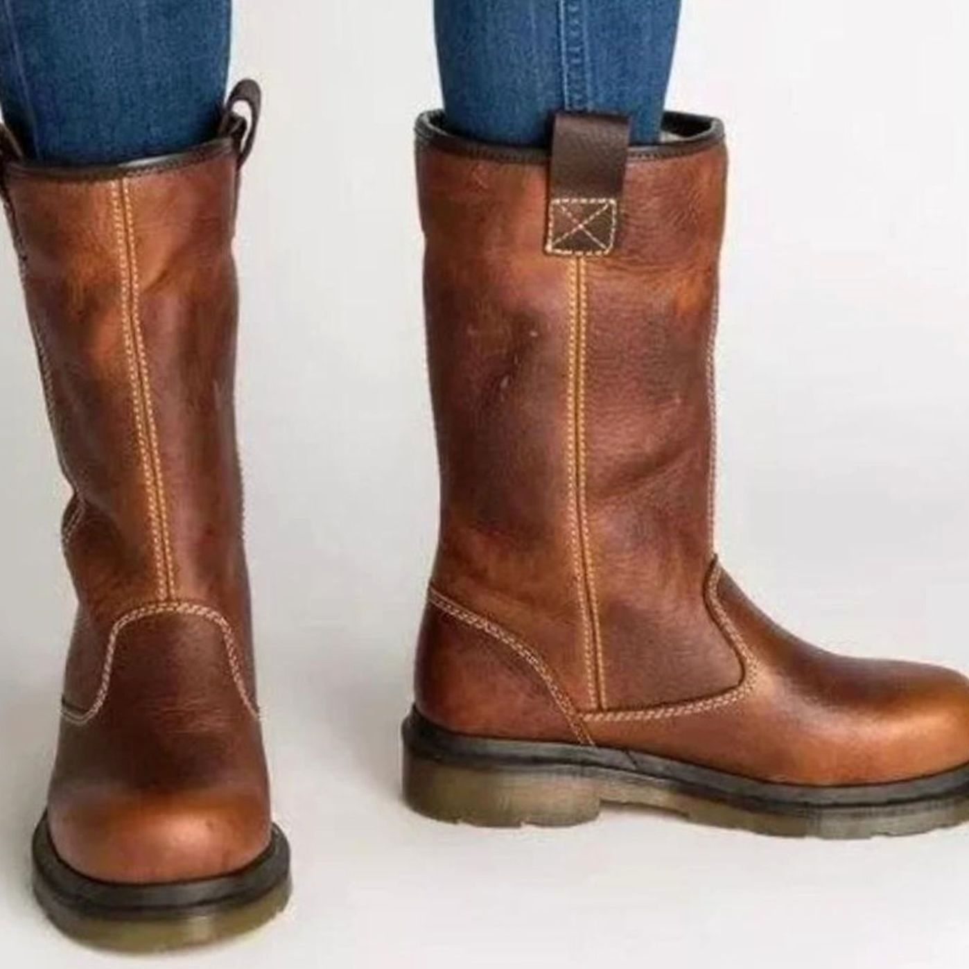 Women's Fleece-Lined Leather Winter Boots Slip-On Mid-Calf - Brown