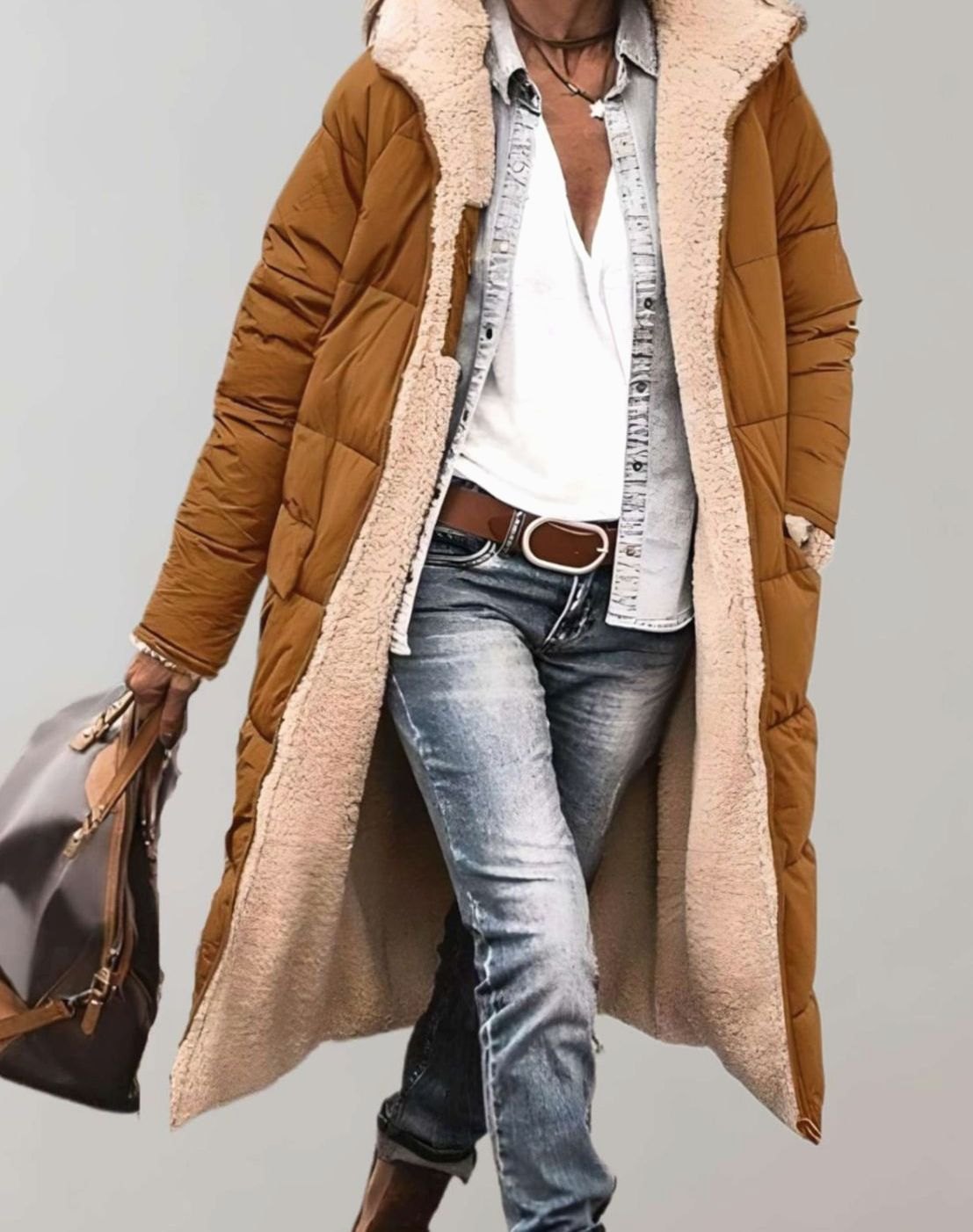 Women's Fleece-Lined Long Quilted Coat Hooded Puffer Jacket - Brown