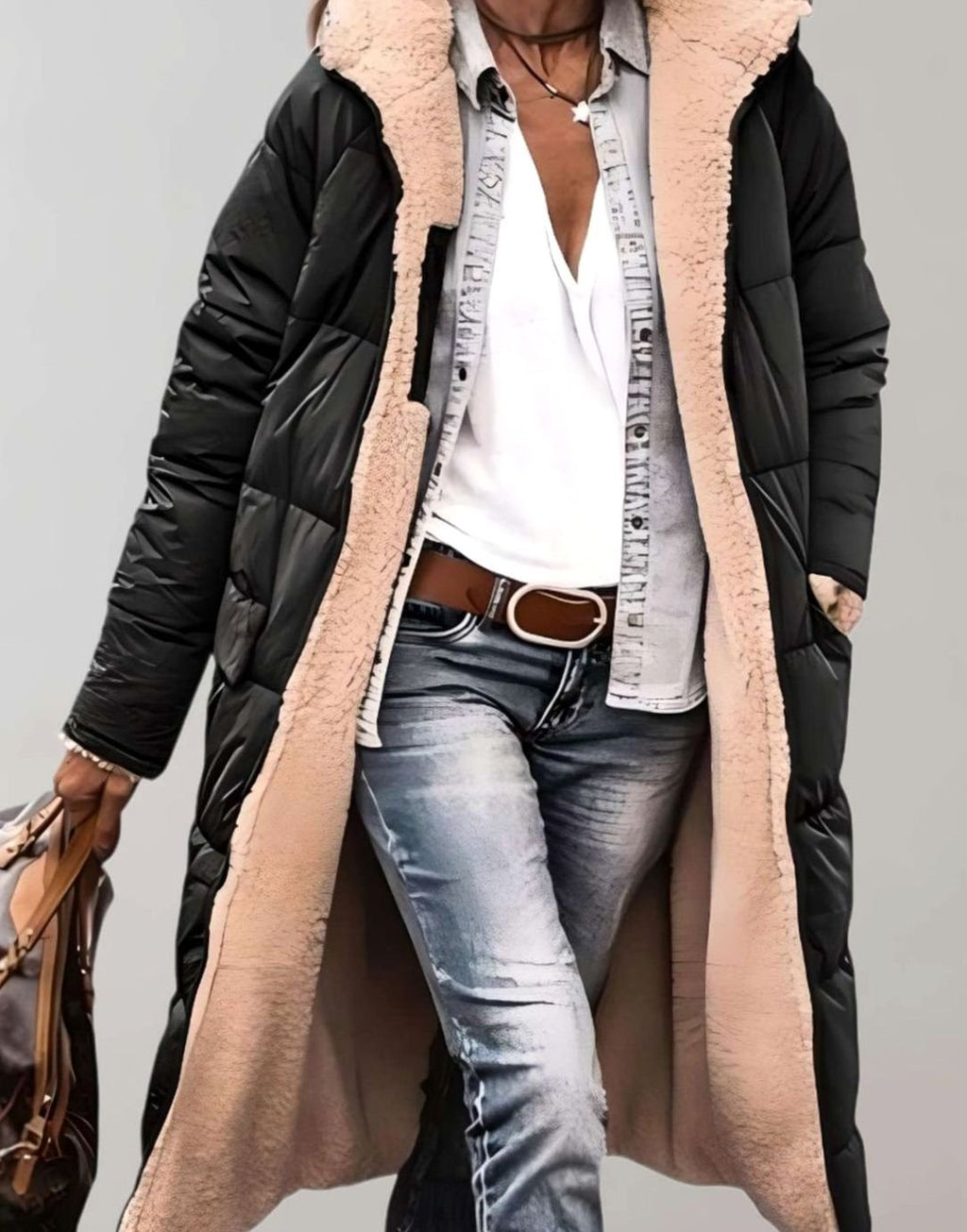 Women's Fleece-Lined Long Quilted Coat Hooded Puffer Jacket - Black