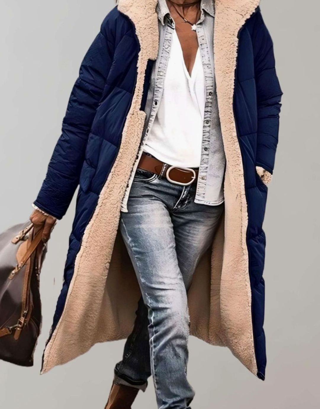 Women's Fleece-Lined Long Quilted Coat Hooded Puffer Jacket - Navy Blue