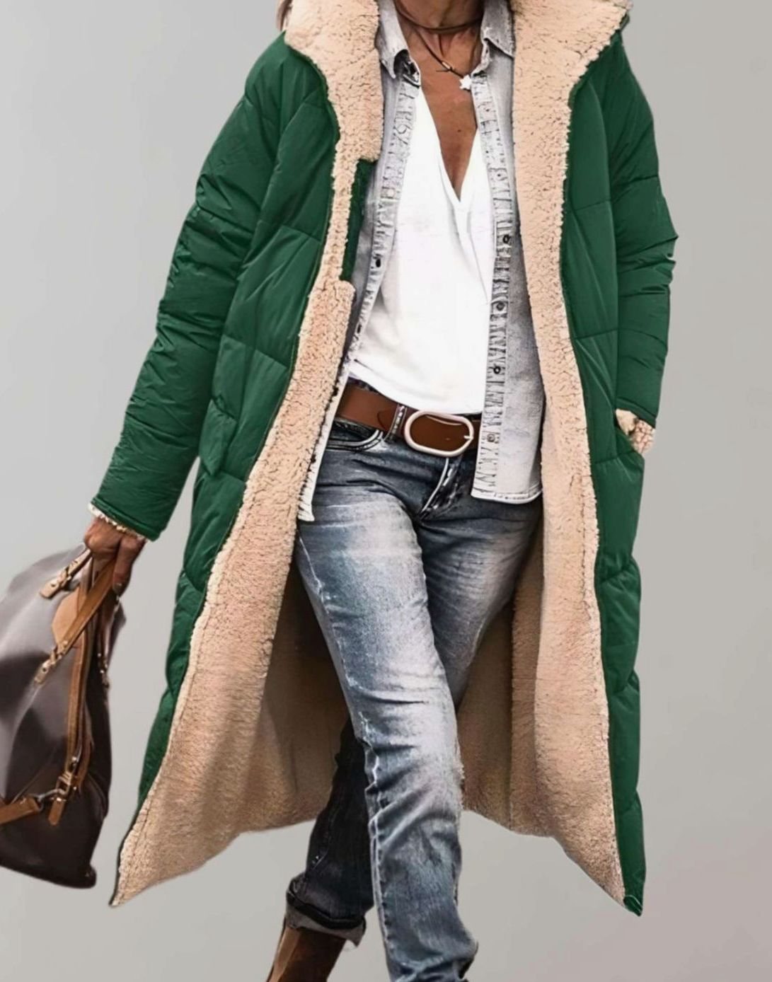 Women's Fleece-Lined Long Quilted Coat Hooded Puffer Jacket - Army Green