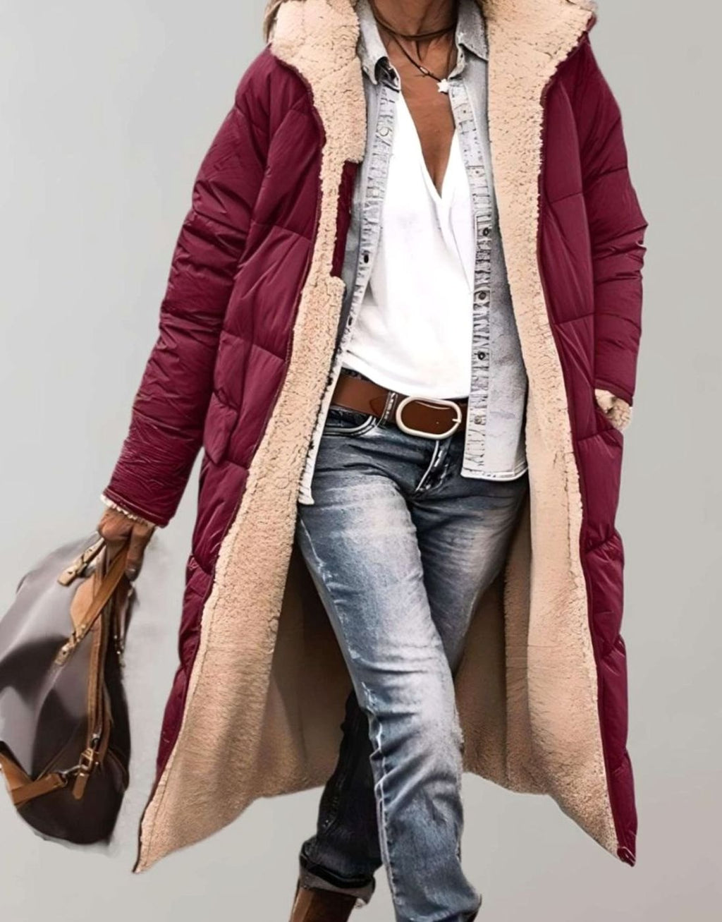 Women's Fleece-Lined Long Quilted Coat Hooded Puffer Jacket - Red