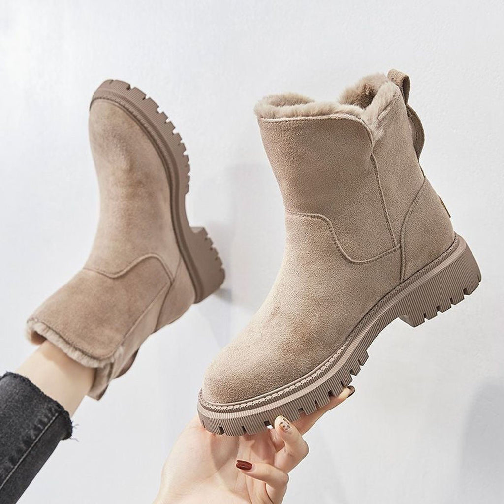 Women's Fleece-Lined Suede Slip-On Winter Ankle Boots - Beige