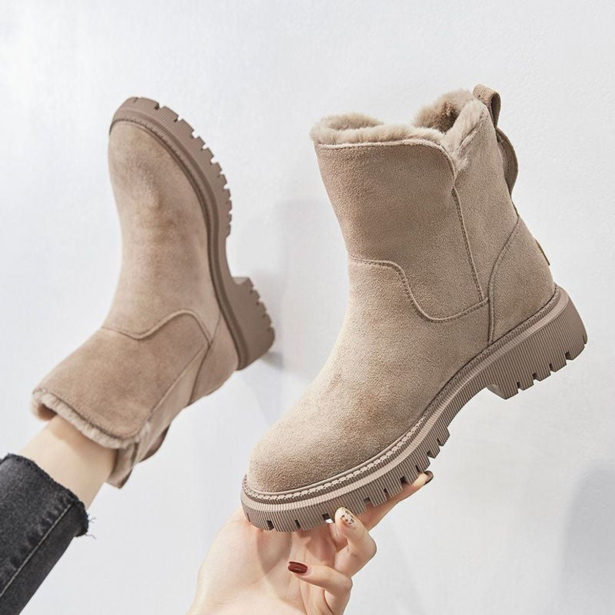 Women's Fleece-Lined Suede Slip-On Winter Ankle Boots - Beige