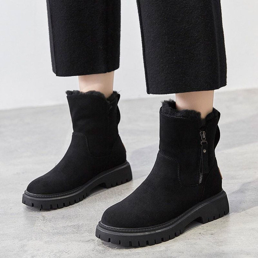 Women's Fleece-Lined Suede Slip-On Winter Ankle Boots - Black
