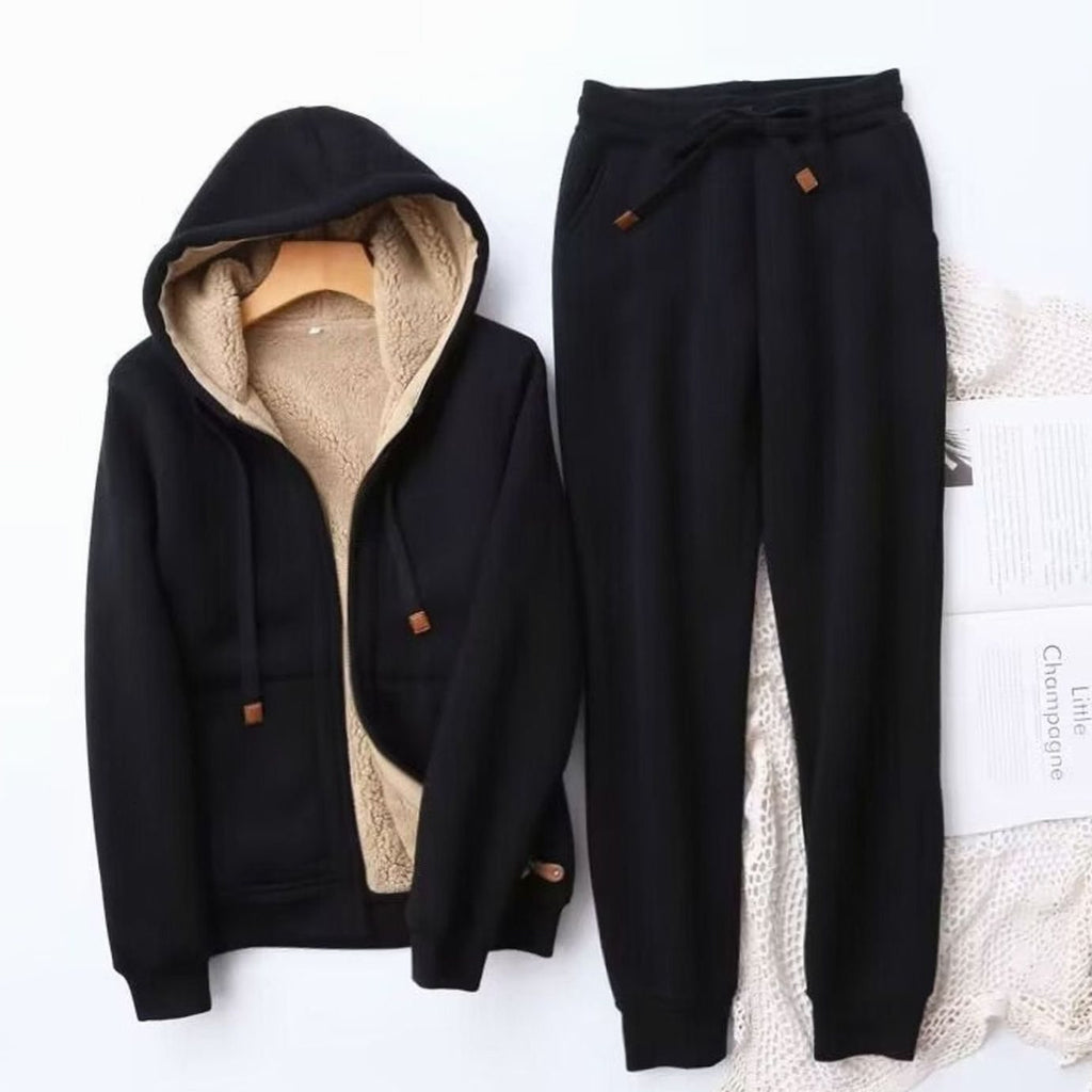 Women's Fleece-Lined Winter Hoodie Jogger Set Zip-Up - Black