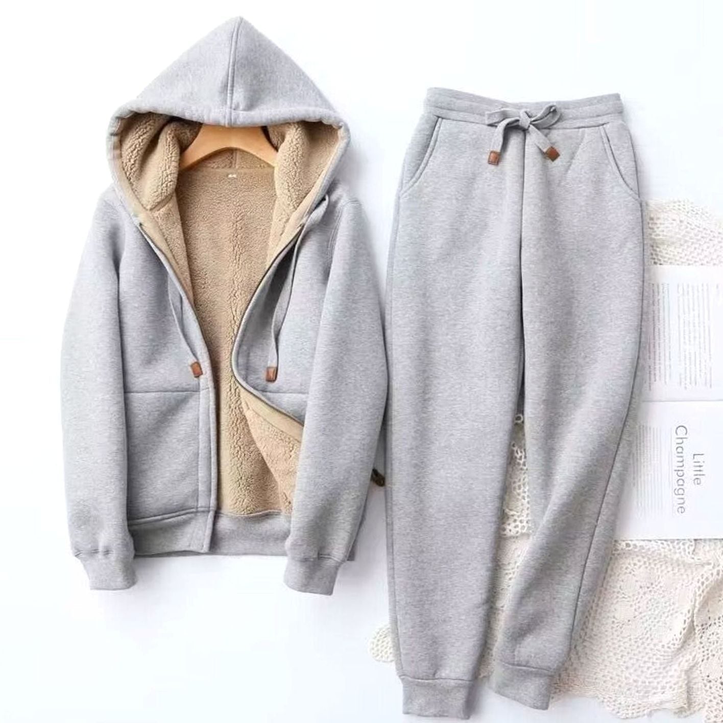 Women's Fleece-Lined Winter Hoodie Jogger Set Zip-Up - Gray