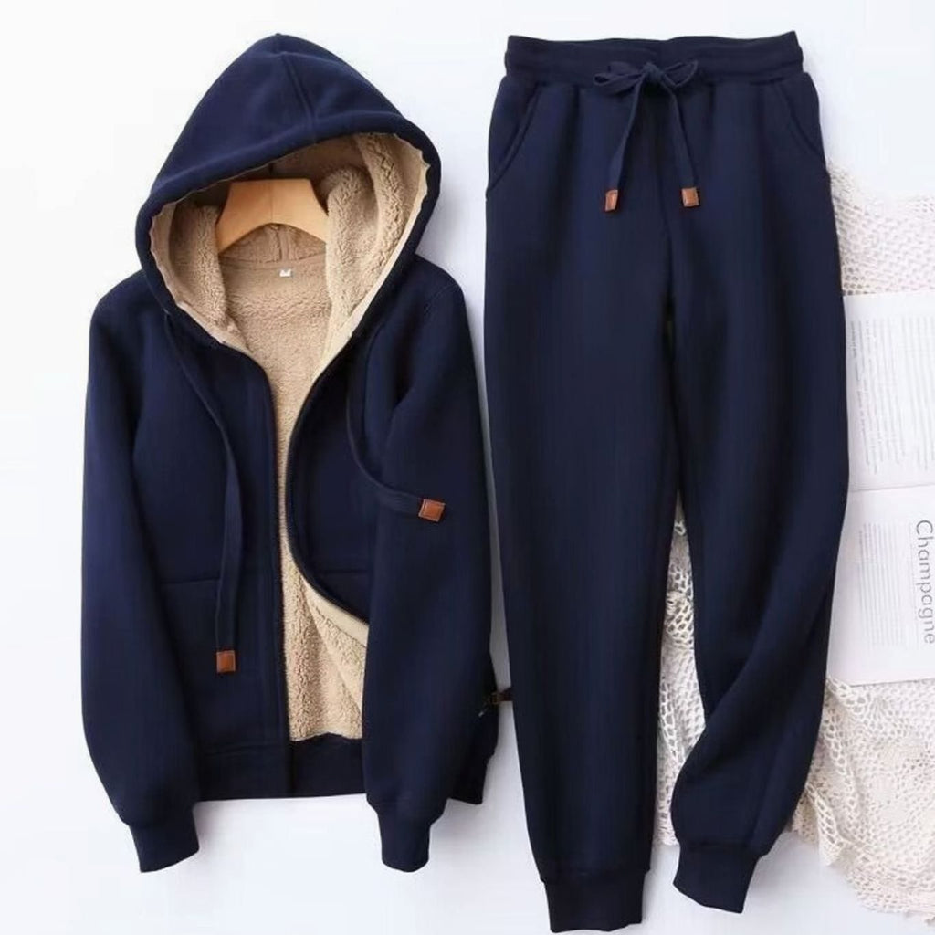 Women's Fleece-Lined Winter Hoodie Jogger Set Zip-Up - Blue