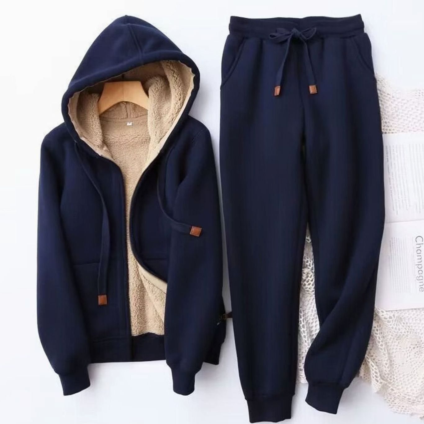Women's Fleece-Lined Winter Hoodie Jogger Set Zip-Up - Blue