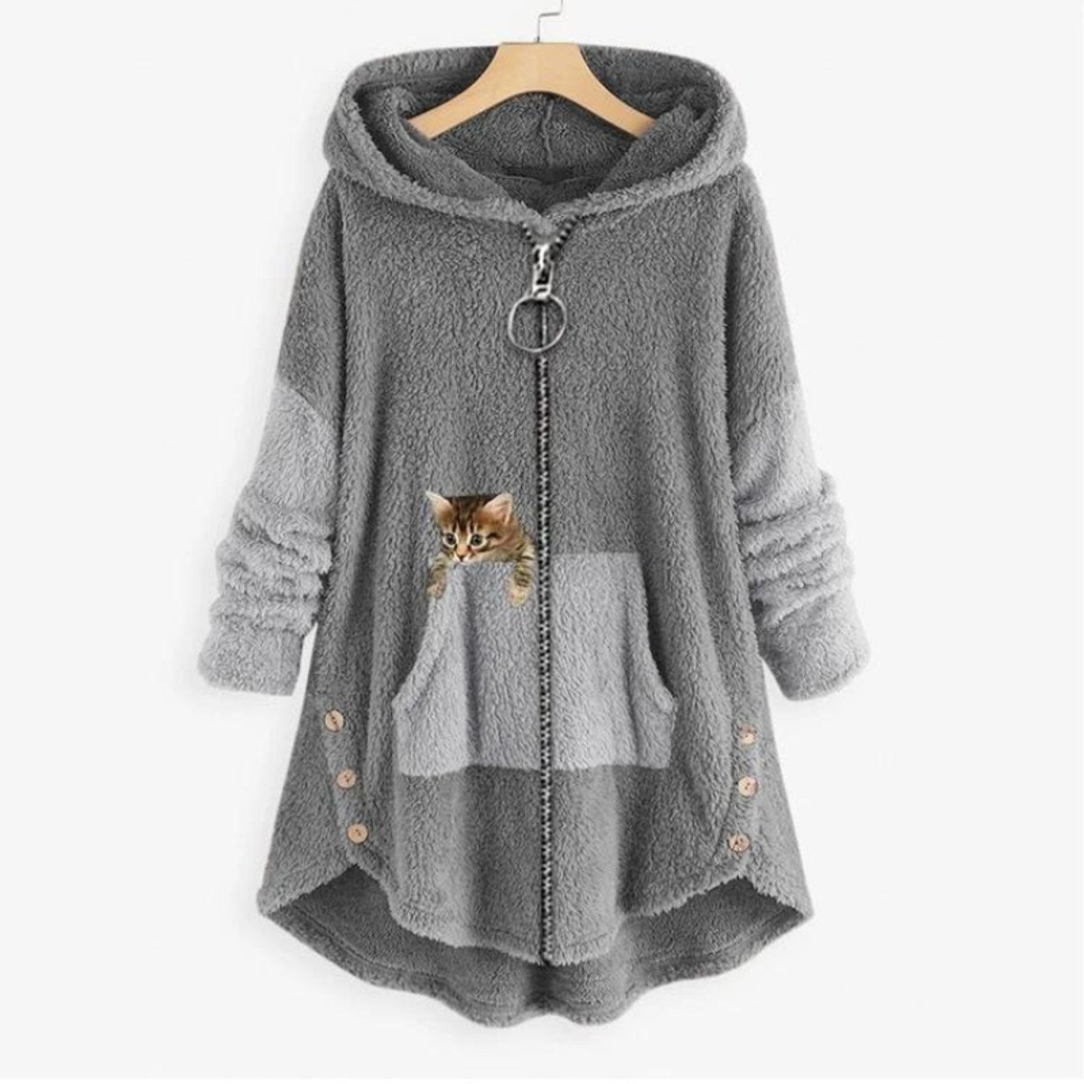 Women's Fleece Zip-Up Hooded Sweater Cat Pocket Plush Coat - Gray