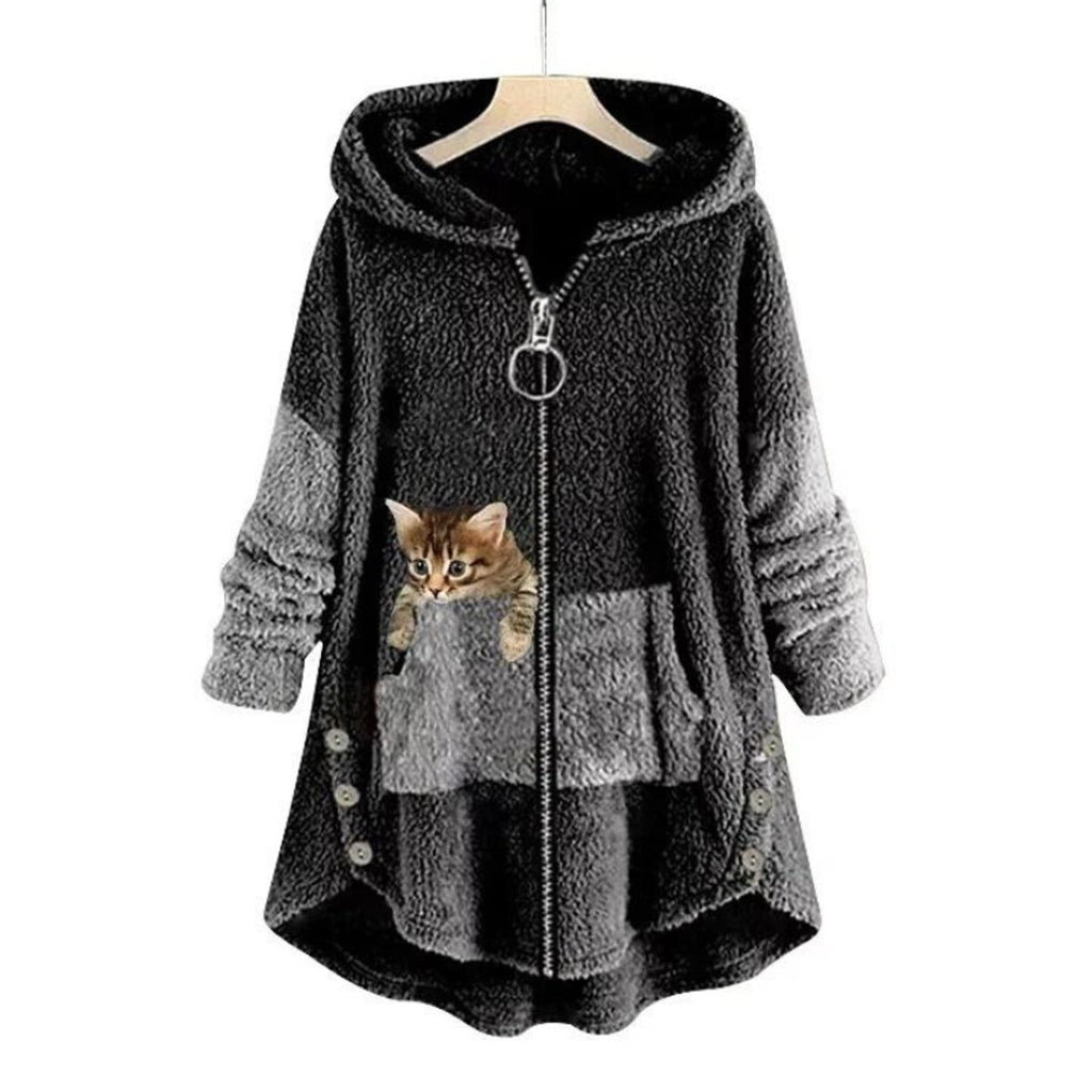 Women's Fleece Zip-Up Hooded Sweater Cat Pocket Plush Coat - Dark Gray