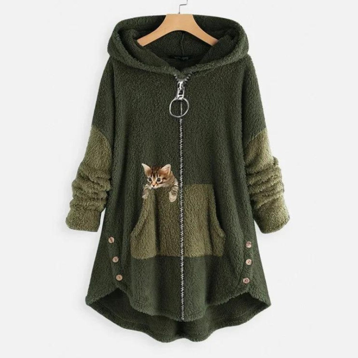 Women's Fleece Zip-Up Hooded Sweater Cat Pocket Plush Coat - Green