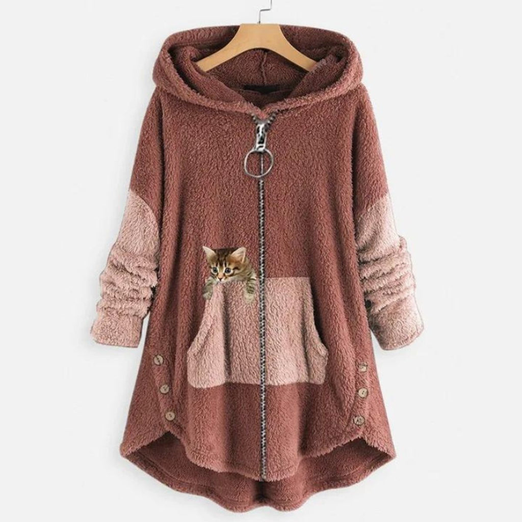 Women's Fleece Zip-Up Hooded Sweater Cat Pocket Plush Coat - Pink