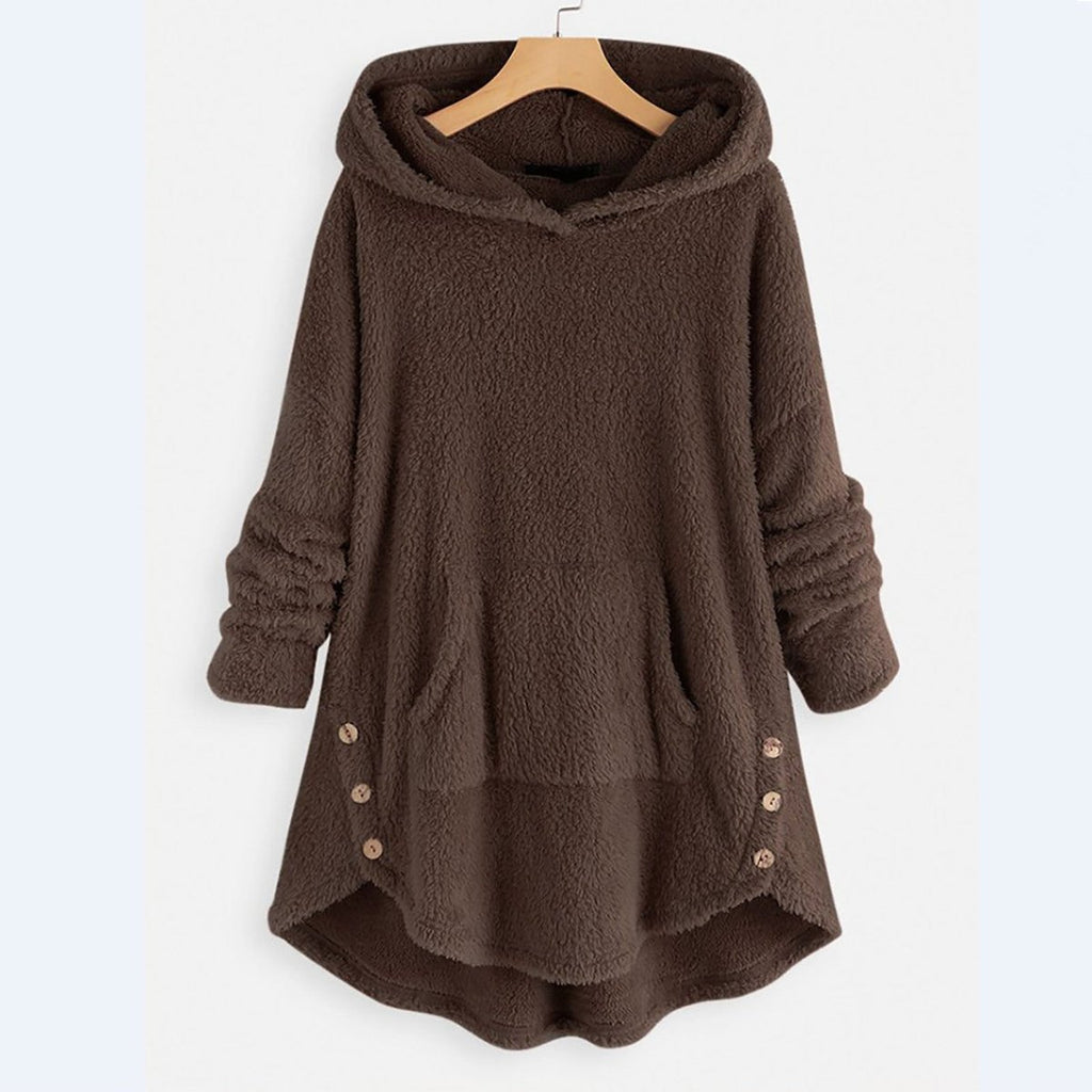 Women's Fleece Zip-Up Hooded Sweater Cat Pocket Plush Coat - Brown