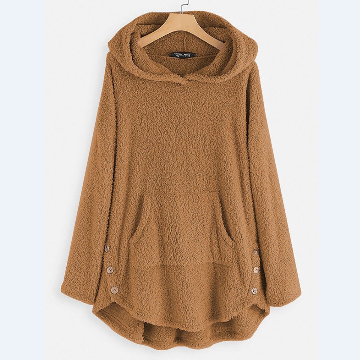 Women's Fleece Zip-Up Hooded Sweater Cat Pocket Plush Coat - Beige