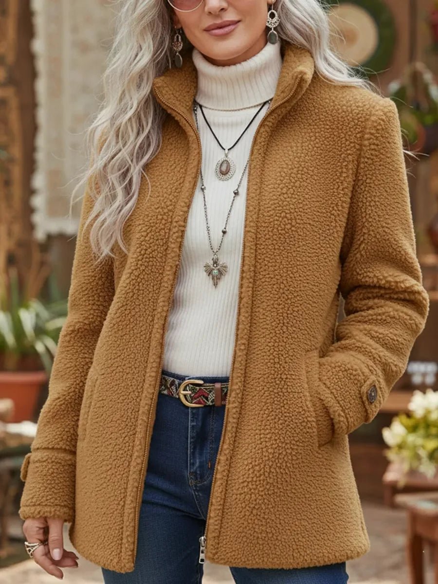 Women's Fleece Zip-Up Stand Collar Teddy Coat - Camel