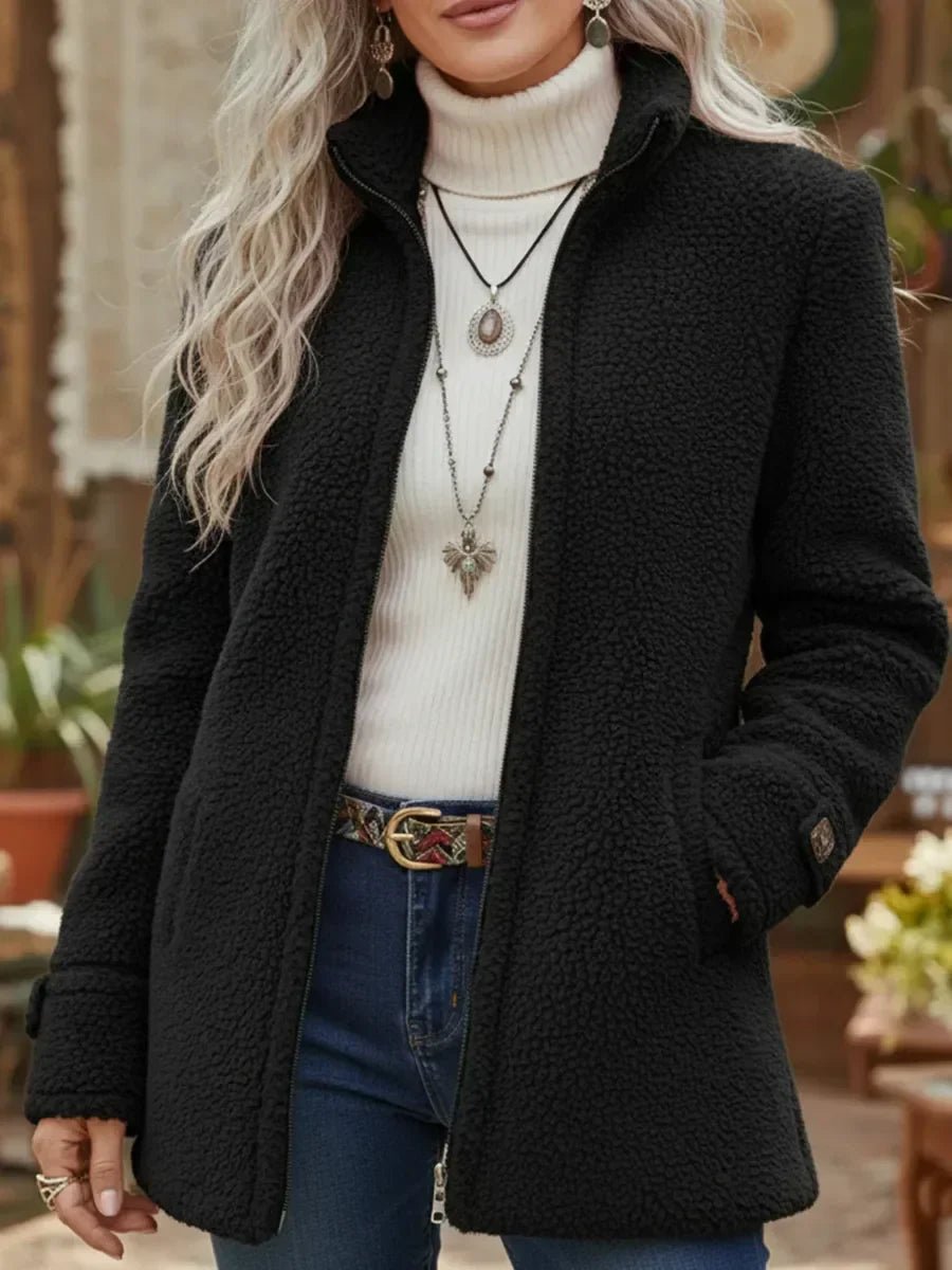 Women's Fleece Zip-Up Stand Collar Teddy Coat - Black
