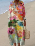 Women's Floral Art Print Long Sleeve Oversized Dress - Multicolor