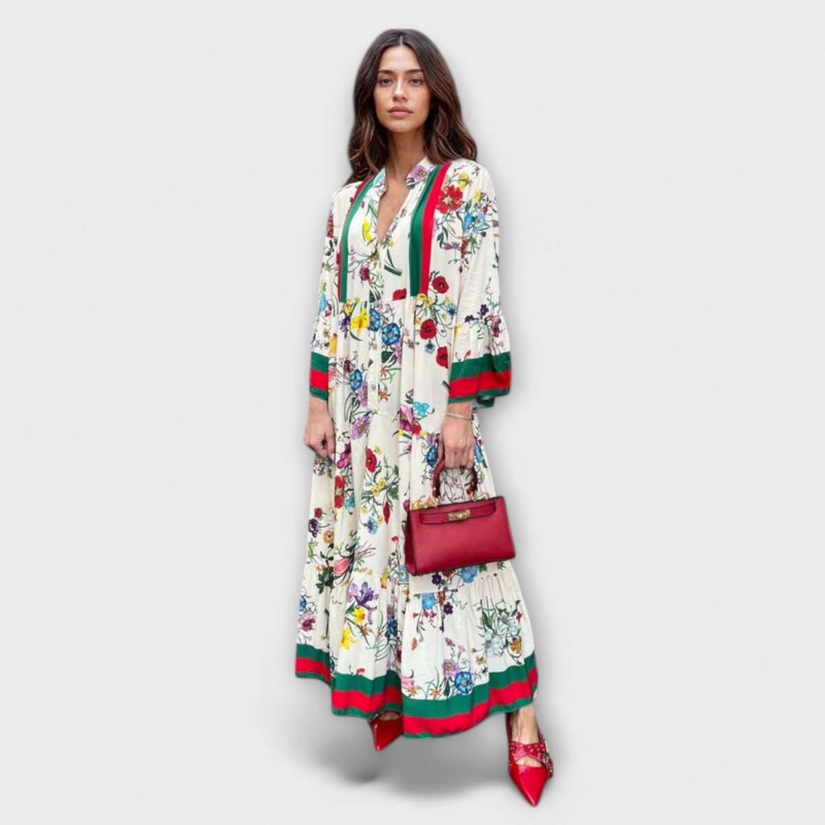 Women's Floral Bell-Sleeve Tiered Maxi Dress - White