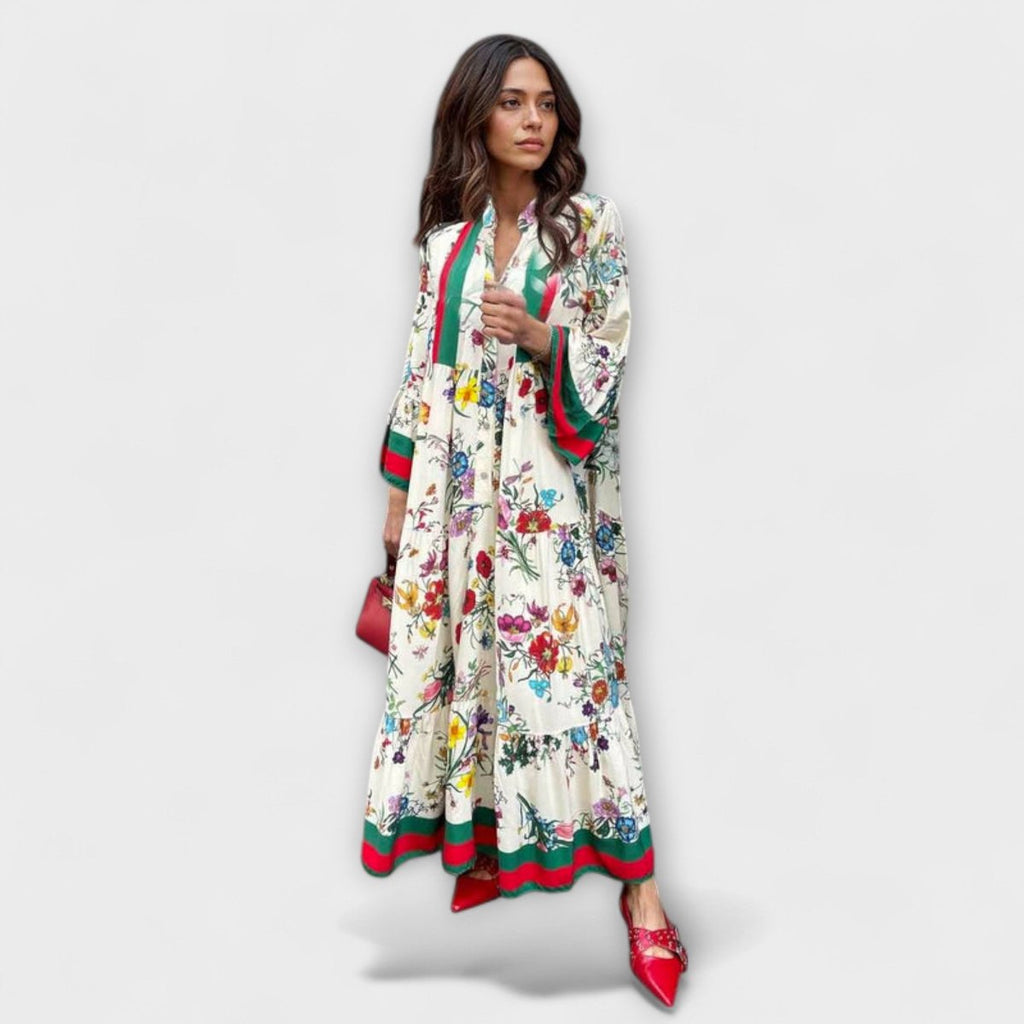Women's Floral Bell-Sleeve Tiered Maxi Dress