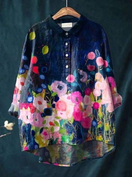 Women's Floral Blouse Button Front Long Sleeve