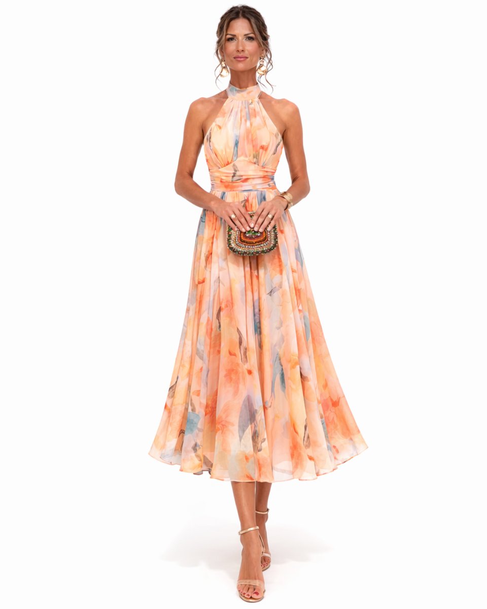 Women's Floral Chiffon Halter Neck Midi Dress Flowy Skirt