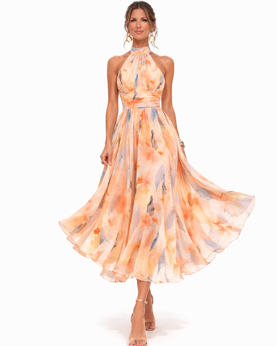 Women's Floral Chiffon Halter Neck Midi Dress Flowy Skirt