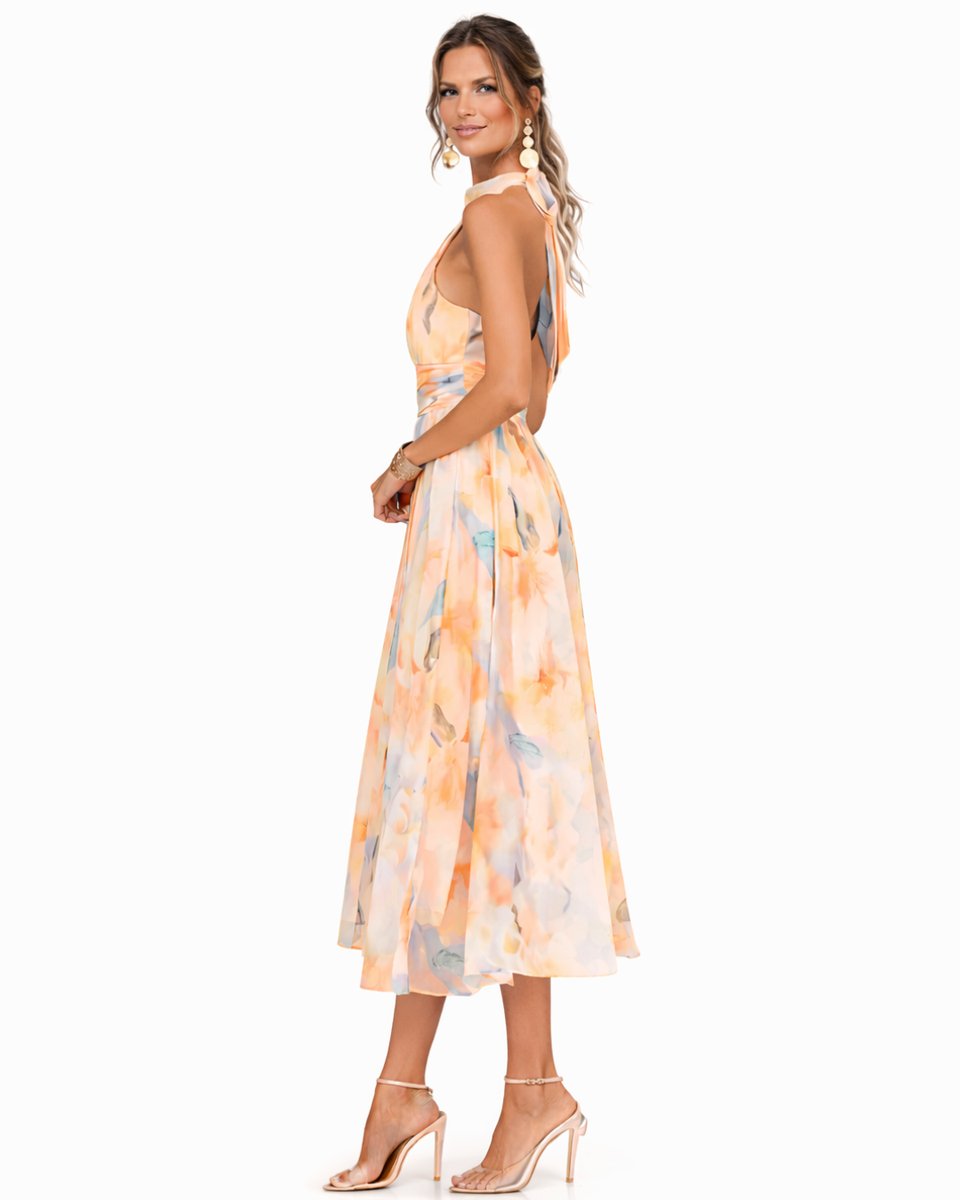 Women's Floral Chiffon Halter Neck Midi Dress Flowy Skirt
