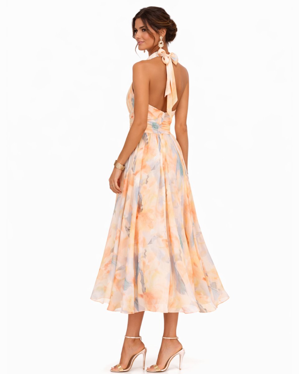 Women's Floral Chiffon Halter Neck Midi Dress Flowy Skirt
