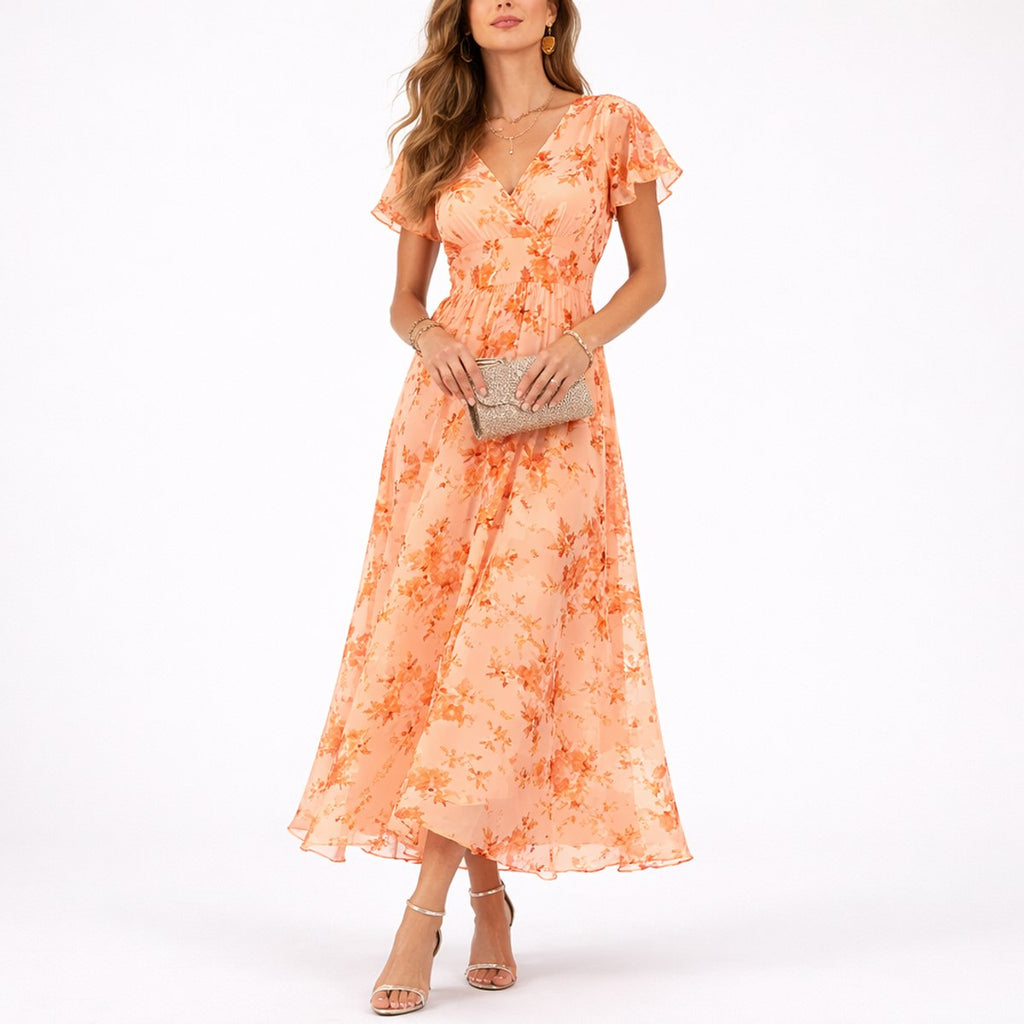 Women's Floral Chiffon Maxi Fall Wedding Guest Dress V-Neck - Orange