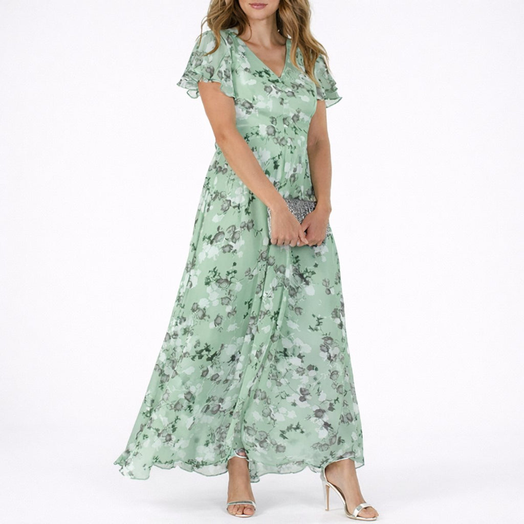 Women's Floral Chiffon Maxi Fall Wedding Guest Dress V-Neck - Green