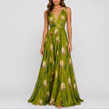 Women's Floral Chiffon V-Neck Maxi Fall Wedding Guest Dress - Green