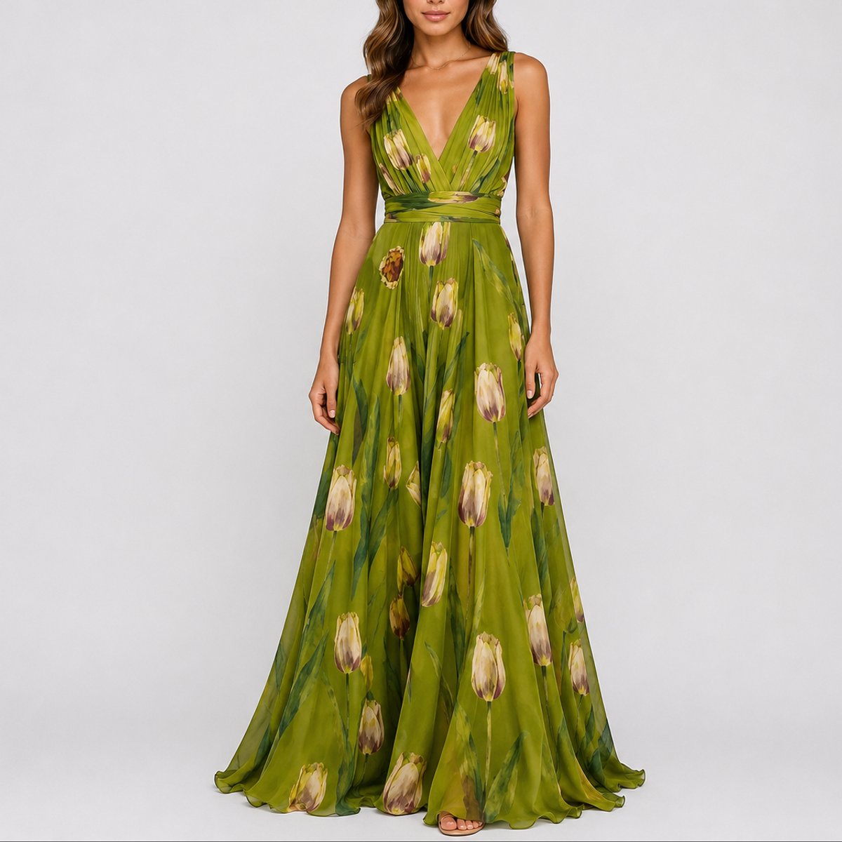Women's Floral Chiffon V-Neck Maxi Fall Wedding Guest Dress - Green