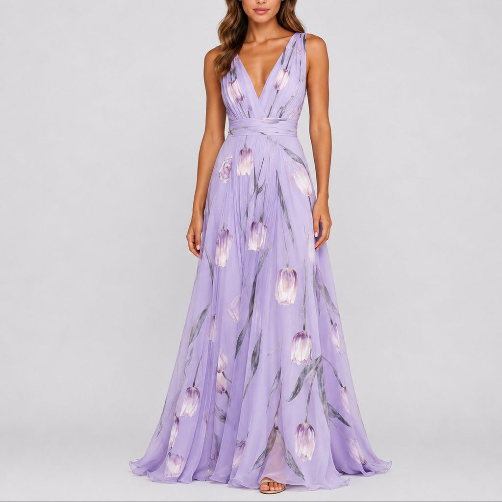 Women's Floral Chiffon V-Neck Maxi Fall Wedding Guest Dress - Purple