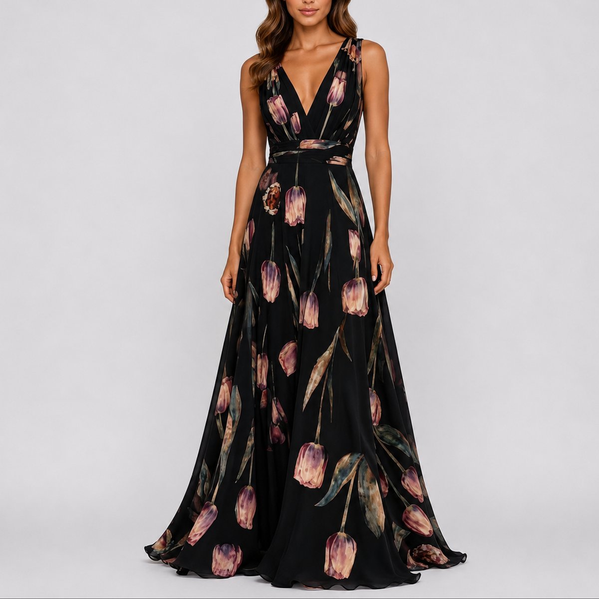 Women's Floral Chiffon V-Neck Maxi Fall Wedding Guest Dress - Black
