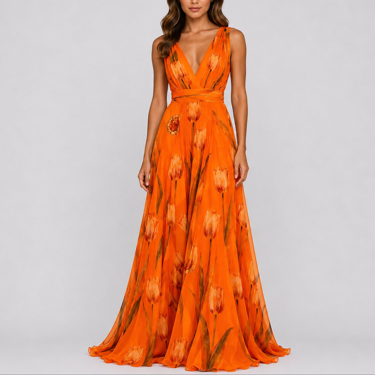 Women's Floral Chiffon V-Neck Maxi Fall Wedding Guest Dress - Orange