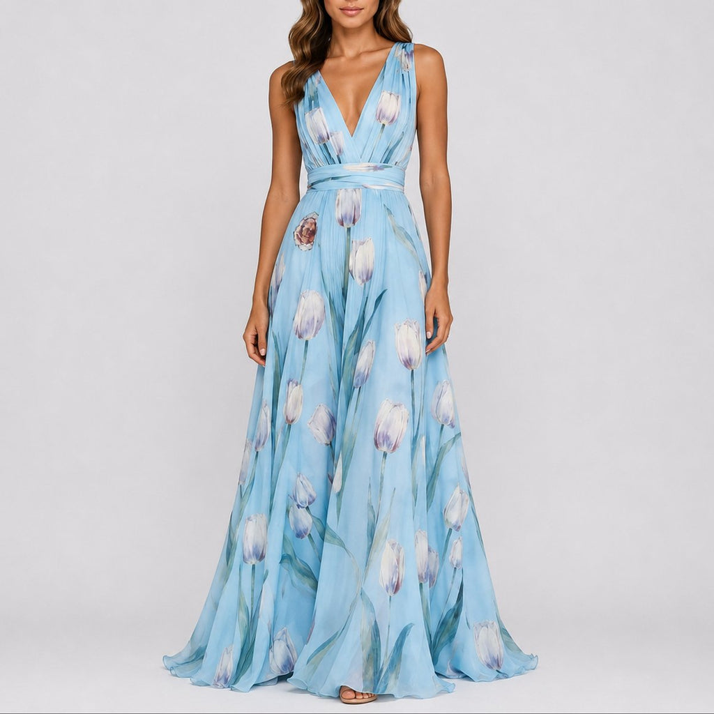 Women's Floral Chiffon V-Neck Maxi Fall Wedding Guest Dress - Baby Blue