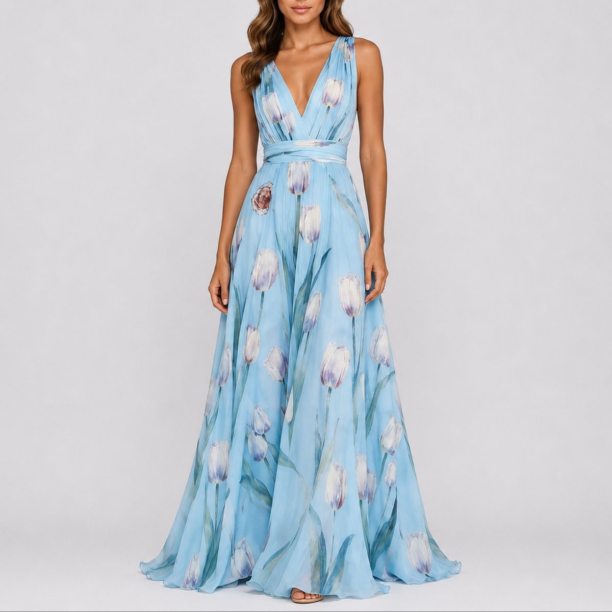 Women's Floral Chiffon V-Neck Maxi Fall Wedding Guest Dress - Baby Blue