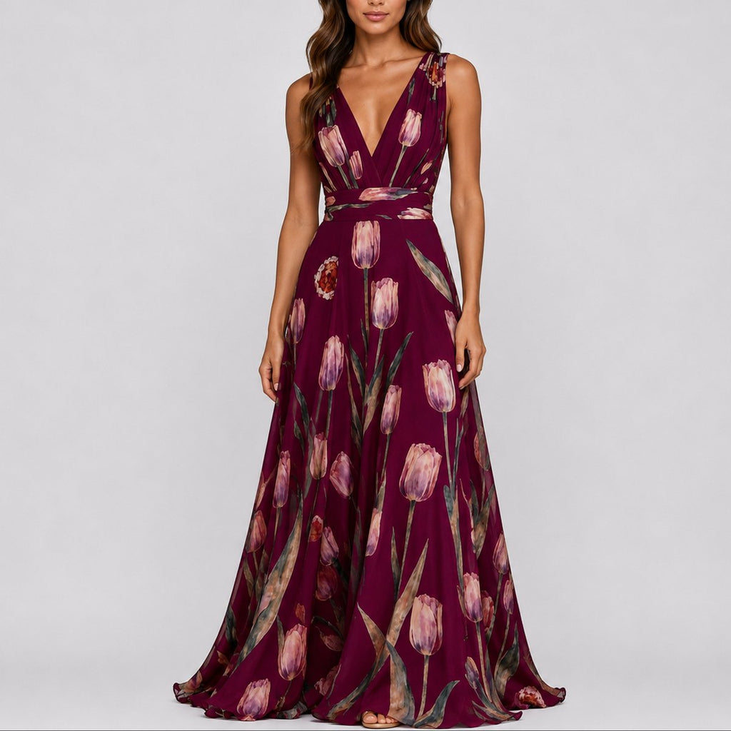 Women's Floral Chiffon V-Neck Maxi Fall Wedding Guest Dress - Red