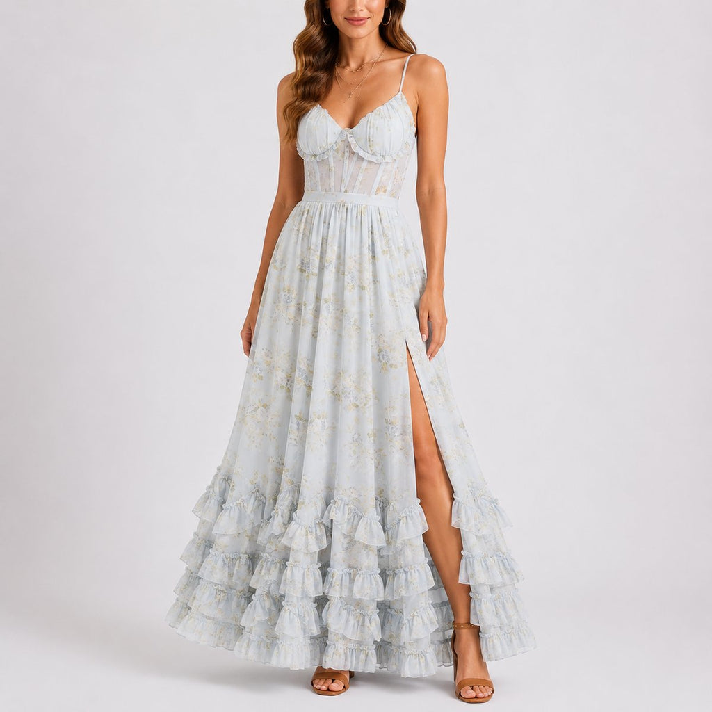 Women's Floral Corset Maxi Fall Wedding Guest Dress Ruffled - Blue
