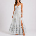 Women's Floral Corset Maxi Fall Wedding Guest Dress Ruffled - Blue